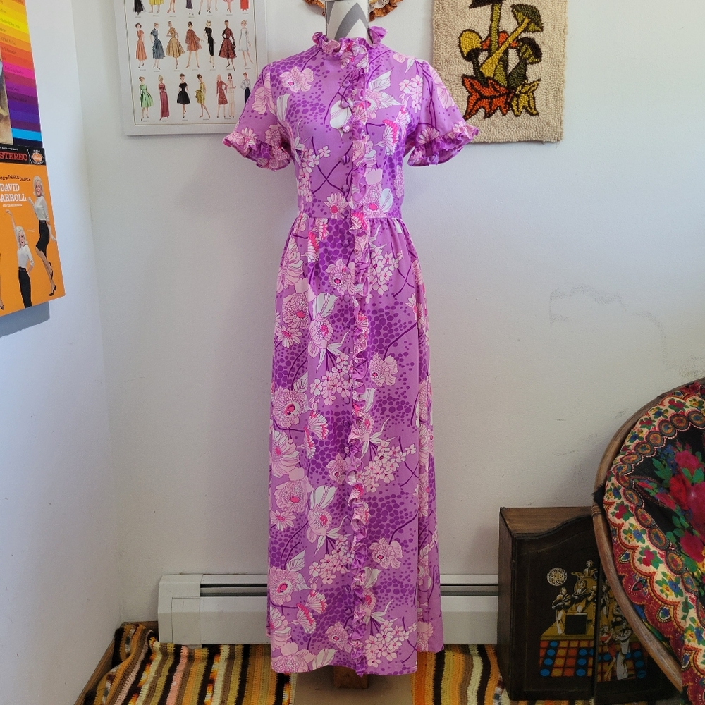 Vintage Purple + Pink Floral Ruffle Button-Up Maxi Dress